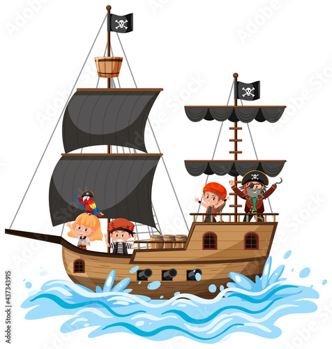 Pirate ship on ocean wave with many kids isolated on white background
