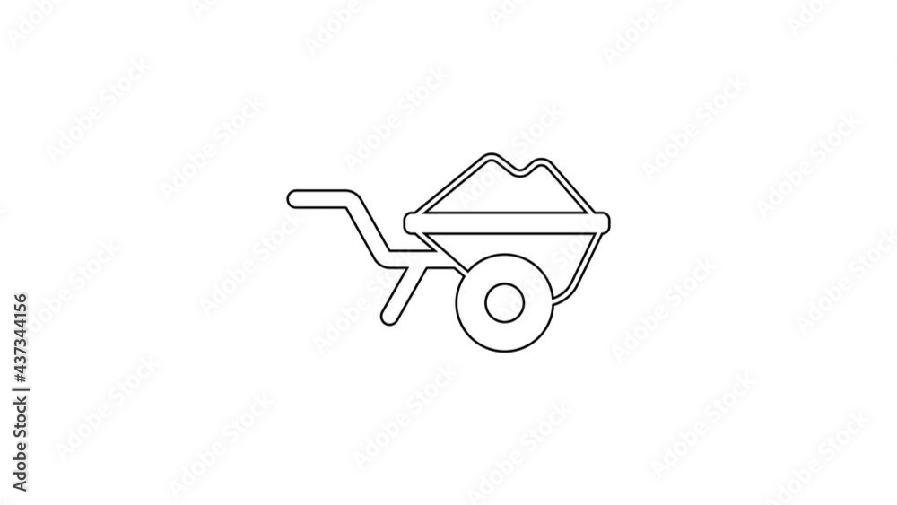 Black line Wheelbarrow with dirt icon isolated on white background. Tool equipment. Agriculture cart wheel farm. 4K Video motion graphic animation Black line Wheelbarrow with dirt icon isolated on white background. Tool equipment. Agriculture cart wheel farm. 4K Video motion graphic animation