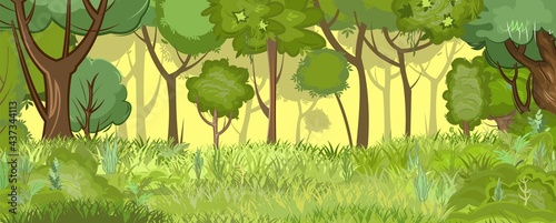 Overgrown glade at the edge of a light summer forest. Trees in the grass. Flat cartoon style. Rural landscape with dense.. yellow thickets. Illustration vector