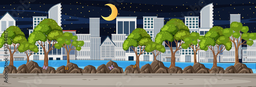 Park horizontal scene with cityscape background at night time