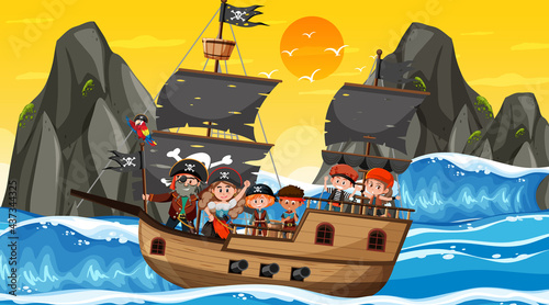 Ocean scene at sunset time with Pirate kids on the ship