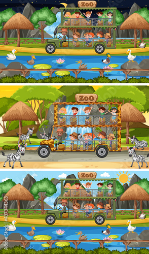 Set of different safari horizontal scenes with animals and kids cartoon character