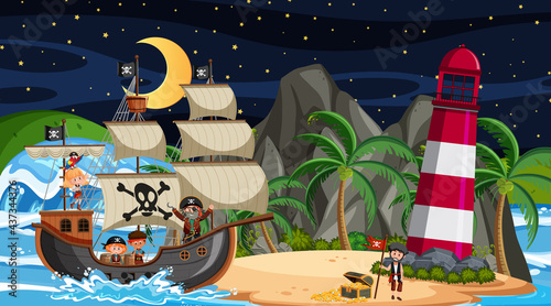Island with Pirate ship at night scene in cartoon style