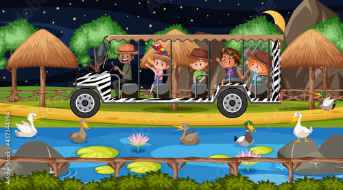 Duck group in Safari scene with children in the tourist car