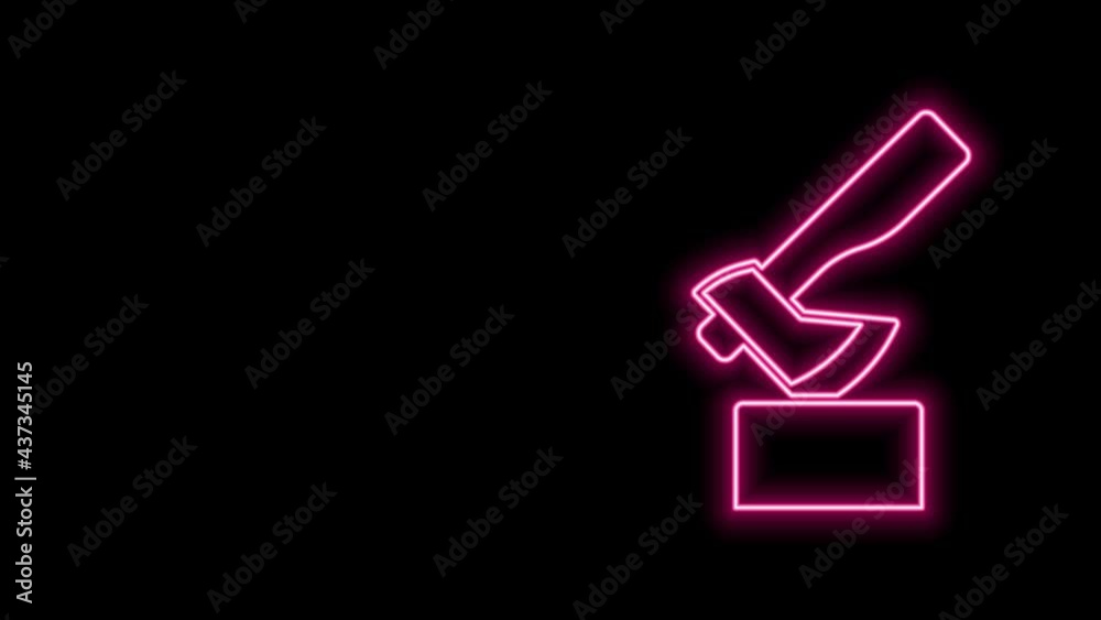 Glowing neon line Wooden axe icon isolated on black background. Lumberjack axe. 4K Video motion graphic animation