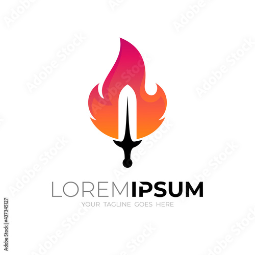 Sword logo with burning fire, sharp sword icon