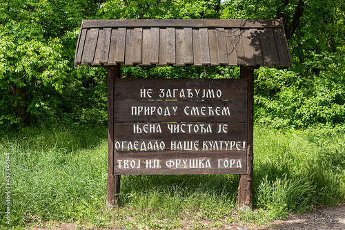 Fruska Gora, Serbia - May 27, 2021: Mountain tags on Mount Fruska Gora written in Serbian. Emotional messages in nature photo