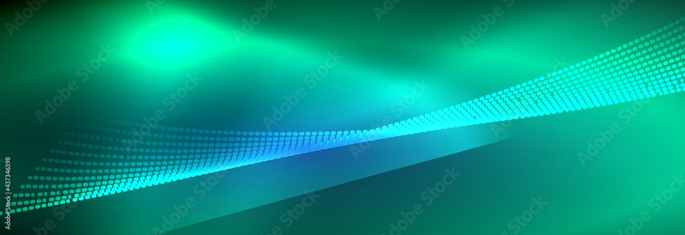 Neon shiny color background with light glowing wave line particles. Wallpaper background, design templates for business or technology presentations, internet posters or web brochure covers Neon shiny color background with light glowing wave line particles. Wallpaper background, design templates for business or technology presentations, internet posters or web brochure covers