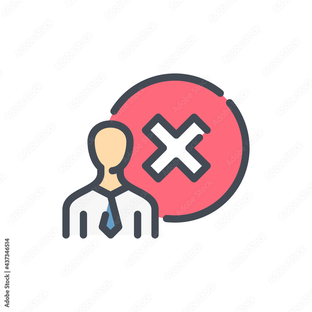 Business person with cancel cross in circle color line icon. Cancellation and rejection of person vector outline colorful sign. Business person with cancel cross in circle color line icon. Cancellation and rejection of person vector outline colorful sign.