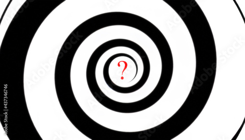 A black-and-white hypnotic spiral with a red question mark at the center. 