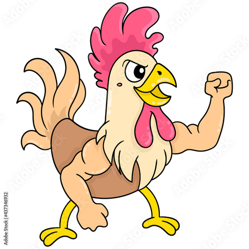 thick and strong muscular rooster with a fierce face, doodle icon image kawaii