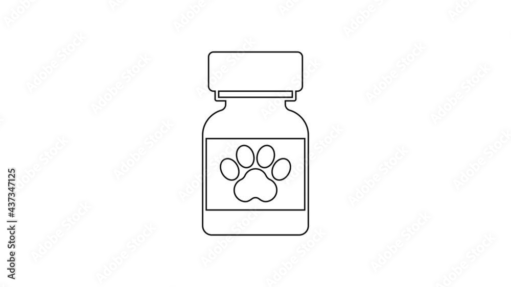 Black line Medicine bottle and pills icon isolated on white background. Container with pills. Prescription medicine for animal. 4K Video motion graphic animation Black line Medicine bottle and pills icon isolated on white background. Container with pills. Prescription medicine for animal. 4K Video motion graphic animation