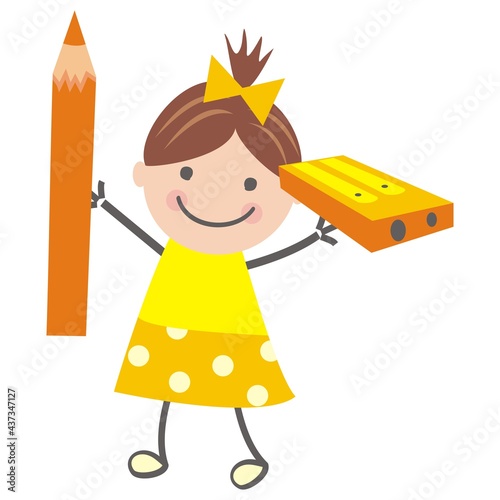 girl with pencil sharpener and orange crayon, vector illustration, color picture on white background, orange and yellow colors