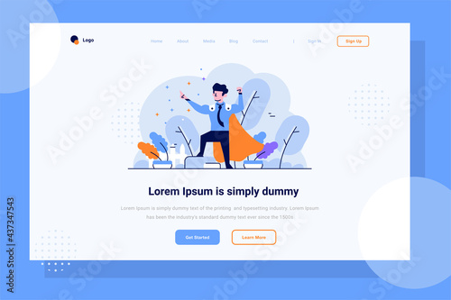 Landing Page Business and finance super employee best because of hardwork hero hard worker flat and outline design style