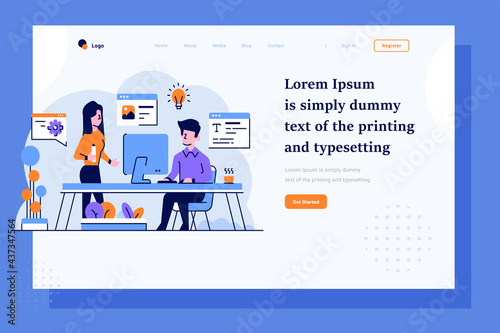 Landing Page Business content creator blogger vlogger brainstorming idea images designer setting type flat and outline design style