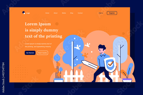 Landing Page Business tech technology man protection protect from viruses shielding defending safe internet flat and outline design style