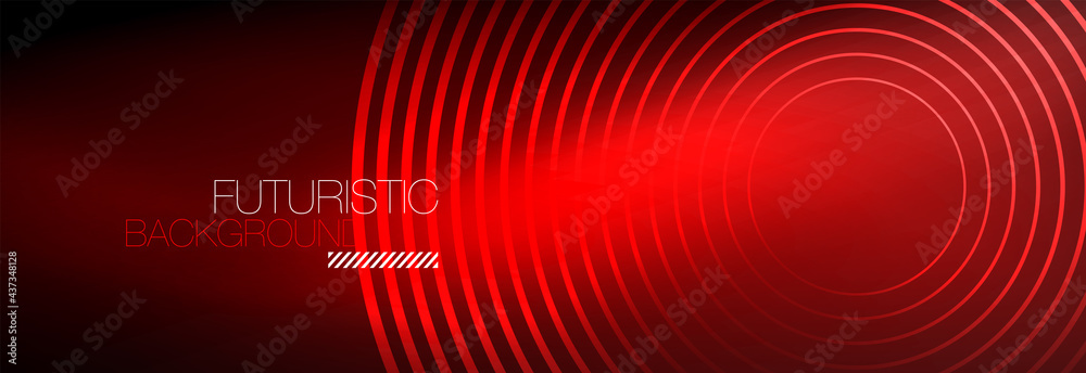 Naklejka premium Dark abstract background with glowing neon circles. Trendy layout template for business or technology presentation, internet poster or web brochure cover, wallpaper