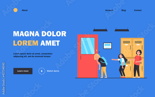 School bullying victim. Group of kids laughing at sad lonely classmate, pointing finger at girl, shooting video. Vector illustration for nerd, aggression, cruel children concept