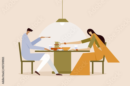 Illustration of an Indian couple having food in the dining room