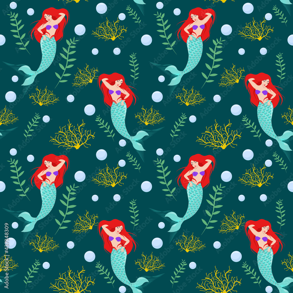 sea fairy vector pattern with a mermaid on a dark blue background