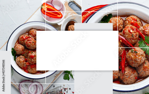 Collage of homemade meatballs with tomato sauce.