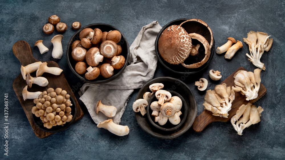 Variety of raw mushrooms on dark background. Vegan food cocnept. Top view, flat lay, copy space Variety of raw mushrooms on dark background. Vegan food cocnept. Top view, flat lay, copy space