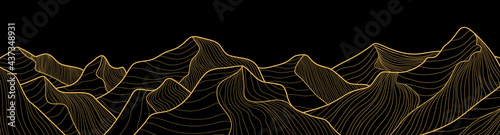 Mountain line art background, luxury gold wallpaper design for cover, invitation background, packaging design, wall art and print. Vector illustration.