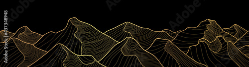 Mountain line art background, luxury gold wallpaper design for cover, invitation background, packaging design, wall art and print. Vector illustration.