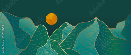 Mountain line art background, luxury gold wallpaper design for cover, invitation background, packaging design, wall art and print. Vector illustration.