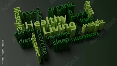 Healthy living through balanced lifestyle health and nutrition choices 3d animation word cloud concept.
