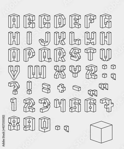 Vector isometric 3d font. Black-white collection of letters, numbers and punctuation marks