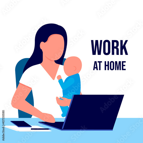 Fototapeta Naklejka Na Ścianę i Meble -  Mother with child working laptop at home. Working on maternity leave with baby in her arms. Combining motherhood and career. Vector flat illustration