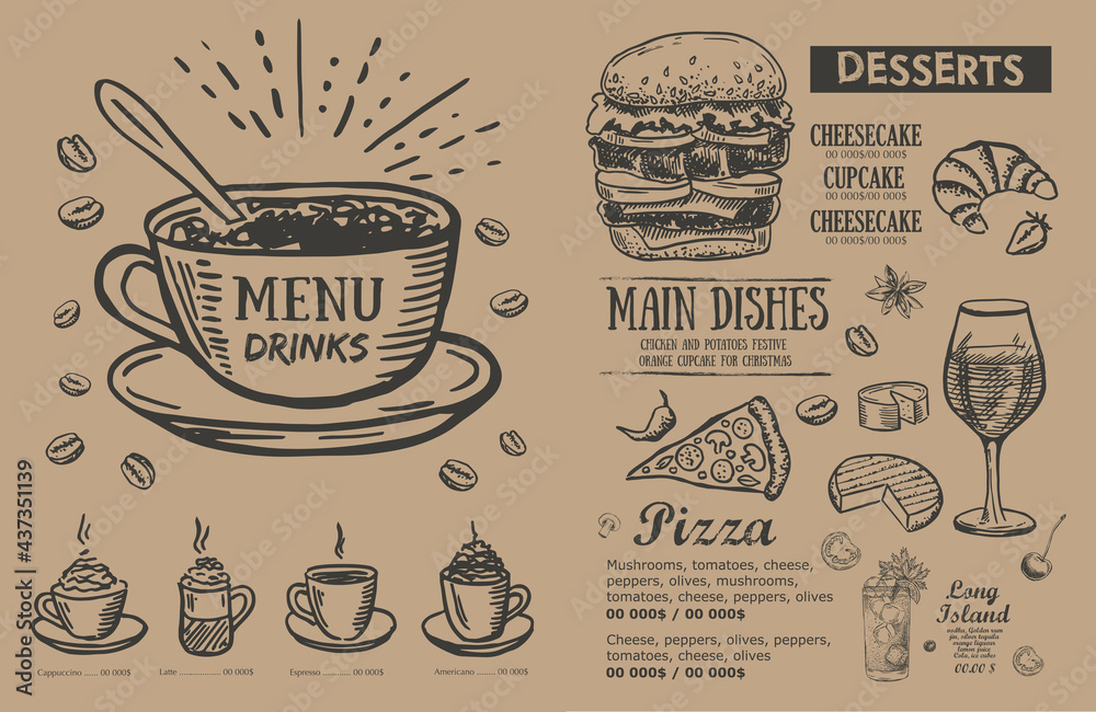 Restaurant menu, template design.. Food flyer. Hand-drawn style. Vector illustration.	
