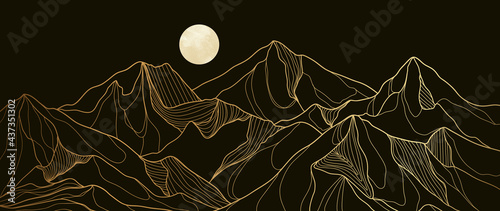 Mountain line art background, luxury gold wallpaper design for cover, invitation background, packaging design, wall art and print. Vector illustration.
