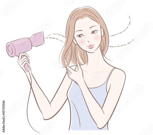 髪を乾かす女性、ベクターイラスト