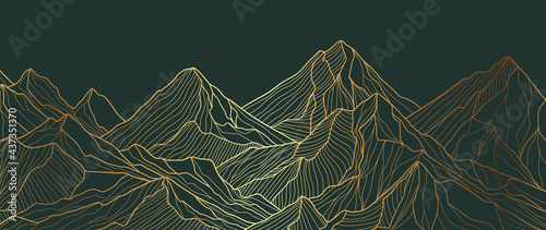 Mountain line art background, luxury gold wallpaper design for cover, invitation background, packaging design, wall art and print. Vector illustration.