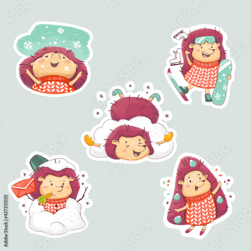 Set of Hedgehog paper stickers. Winter Stickerpack. Cute New Year character in a sweater 1.