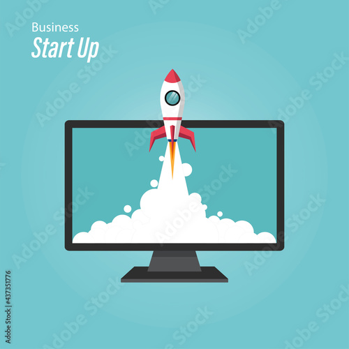Monitor screen with rocket symbol of startup and new business concept illustration