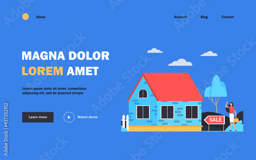 Happy woman standing near house for sale flat vector illustration. Cartoon real estate agent or home seller presenting cottage. Mortgage and building concept