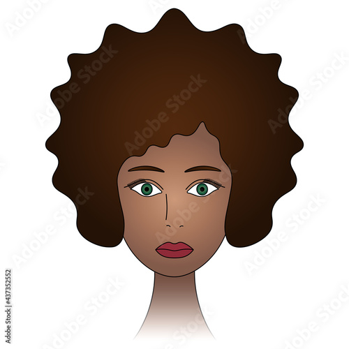 The girls face. African American lady. Head of a woman with green eyes. Colored vector illustration. Lush Afro hairstyle. Full lips, painted with lipstick. Isolated white background. Idea for a book.