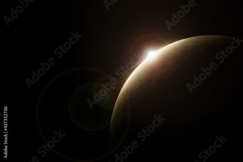 Beautiful sunrise in the universe with a fantasy planet, 3d rendering, science fiction background, space for text