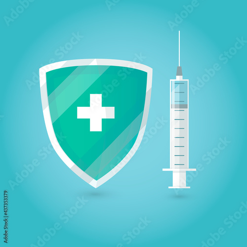 Health protecrion equipment. Realistic vector illustration of syringe and protective shield on blue background