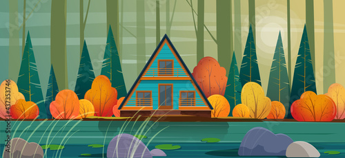 Wooden A-frame house in the autumn forest. Autumn landscape with a tiny house or cabin on the lake. Vector illustration