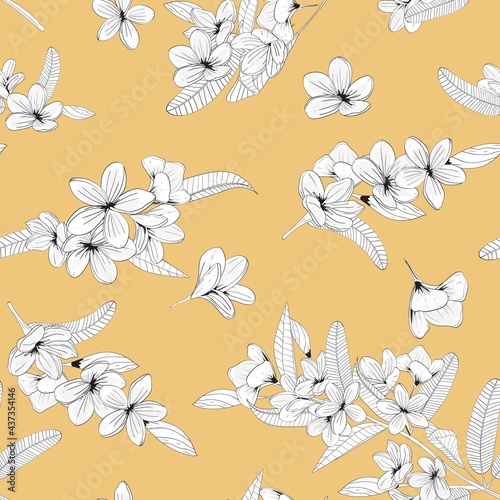 Seamless floral pattern with white hand drawn flowers on beige background. Plumeria flowers. For textile, paper, wallpaper, packaging. Vector pattern.
