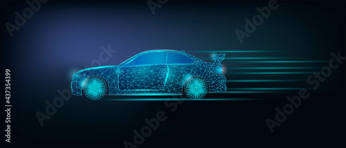 High speed car. Drive and fast race auto, power concept. Banner template with glowing low poly graphic arts. Futuristic modern abstract dark background. Vector illustration.