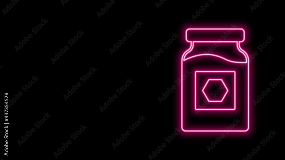 Glowing neon line Jar of honey icon isolated on black background. Food bank. Sweet natural food symbol. 4K Video motion graphic animation Glowing neon line Jar of honey icon isolated on black background. Food bank. Sweet natural food symbol. 4K Video motion graphic animation