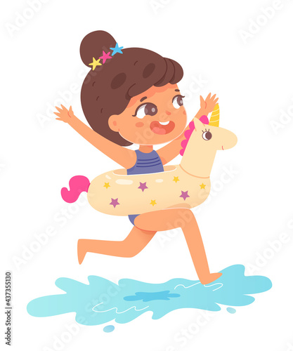 Girl running on water on summer vacations. Little child having fun in inflatable float vector illustration. Kid spending holidays in seaside or swimming pool on white background