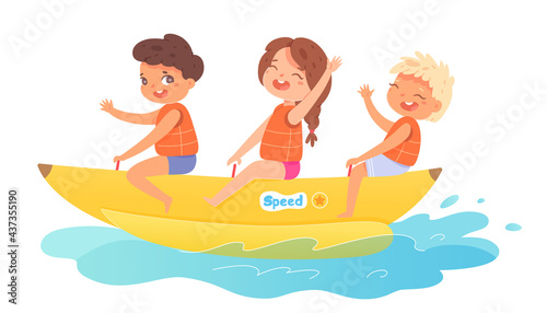 Children riding banana boat on water on summer vacations. Little boys and girl having fun on inflatable equipment vector illustration. Kids spending holidays on seaside on white background