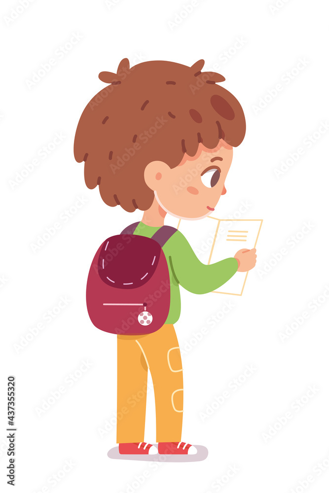 Boy standing and reading book. Joyful child with rucksack. Positive emotion and fun vector illustration. Cute cheerful little kid in good mood, back view on white background Boy standing and reading book. Joyful child with rucksack. Positive emotion and fun vector illustration. Cute cheerful little kid in good mood, back view on white background