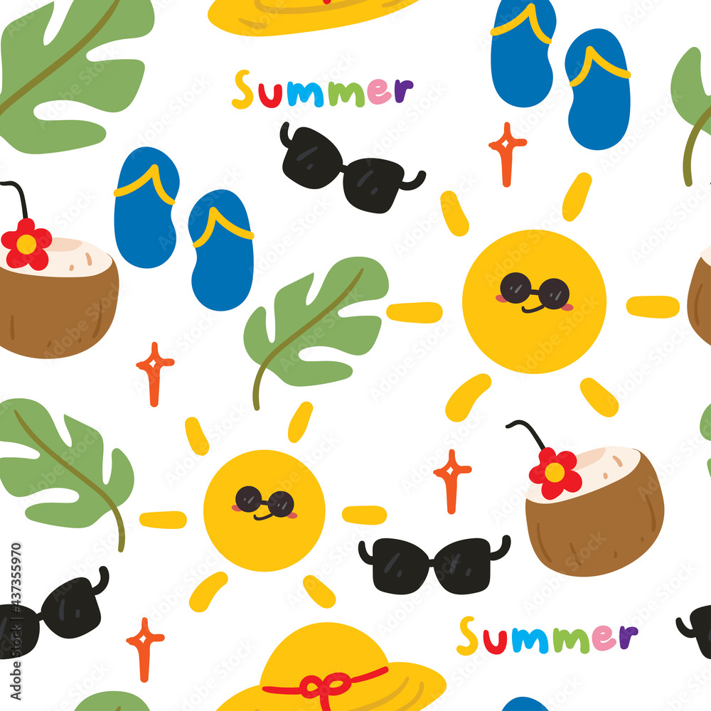 Cute seamless pattern with cartoon stuffs for beach holiday for fabric print, textile, gift wrapping paper. colorful vector for kids, flat style Cute seamless pattern with cartoon stuffs for beach holiday for fabric print, textile, gift wrapping paper. colorful vector for kids, flat style